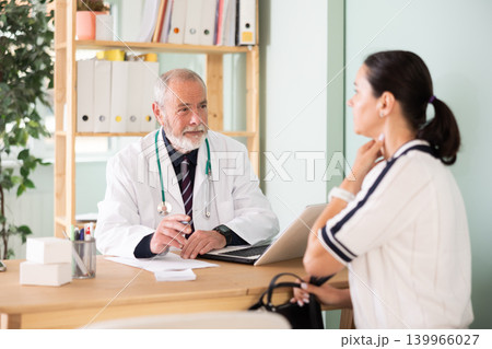 Adult female patient complaining of sore throat to male doctor Adult female patient complaining of sore throat to male doctor 139966027
