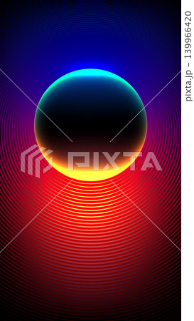 Futuristic neon eclipse background with glowing sphere ringed by vibrant cyan yellow and red gradients over hypnotic concentric circular lines, digital space concept 139966420
