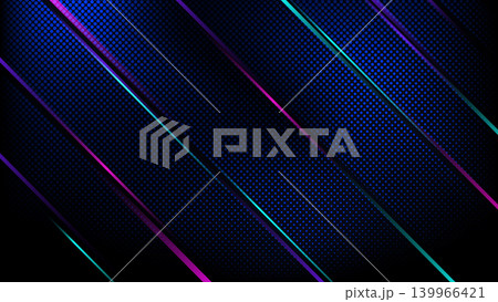 Modern abstract dark background with glowing neon blue purple and cyan diagonal lines over futuristic halftone dot pattern, technology wallpaper design Modern abstract dark background with glowing neon blue purple and cyan diagonal lines over futuristic halftone dot pattern, technology wallpaper design 139966421