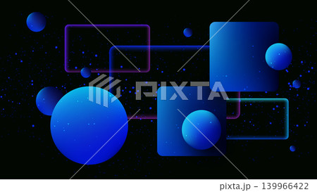 abstract digital art with neon geometric shapes glowing blue spheres and translucent glassmorphism panels on dark cosmic background 139966422