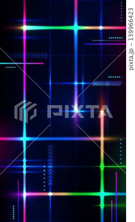 Futuristic vertical cyberpunk background with glowing neon grid lines tech ui elements and bright light flares on dark backdrop, digital technology mobile wallpaper design 139966423