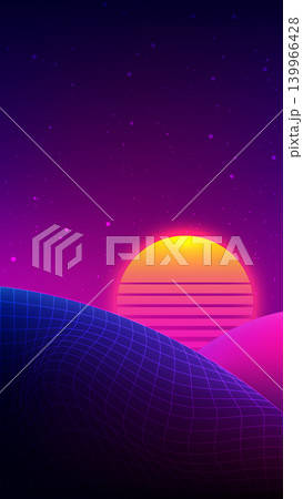 Retro synthwave neon landscape background with glowing sun and wireframe grid hills 139966428