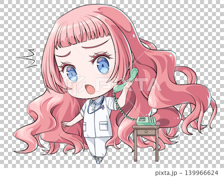 A pink-haired nurse is talking on the phone. A chibi character in the style of Japanese anime. A girl is shocked. 139966624
