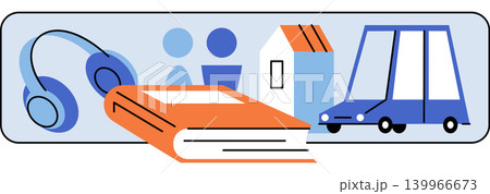 Book headphones house car and people icons vector illustration. Education, lifestyle planning, insurance, audiobook listening, family life, travel. Textbook earphones home vehicle and figures Book headphones house car and people icons vector illustration. Education, lifestyle planning, insurance, audiobook listening, family life, travel. Textbook earphones home vehicle and figures 139966673