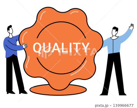 Two men presenting a large orange quality seal vector illustration. Quality assurance, business standards, certification, satisfaction, excellence, guarantee. Male characters holding a premium badge 139966677