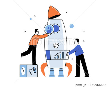 Two people building a rocket with icons vector illustration. Startup launch, project management, teamwork, growth, partnership, recruitment. Colleagues assembling a spacecraft Two people building a rocket with icons vector illustration. Startup launch, project management, teamwork, growth, partnership, recruitment. Colleagues assembling a spacecraft 139966686