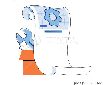 Technical blueprint with gear and wrench in box vector illustration. Engineering project, maintenance, industrial design, support, planning, setup. Schematic scroll with spanner in container Technical blueprint with gear and wrench in box vector illustration. Engineering project, maintenance, industrial design, support, planning, setup. Schematic scroll with spanner in container 139966688