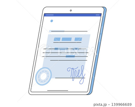 Electronic document with signature on tablet vector illustration. Digital transformation, paperless office, legal tech, remote business, online agreement, secure transaction. Digital contract on 139966689