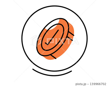 Orange coin with a checkmark inside a circle vector illustration. Payment verification, financial success, digital transaction, loyalty reward, approved banking, secure commerce. Currency token 139966702