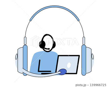 Support agent with laptop inside headset vector illustration. Customer service, technical support, telemarketing, remote work, help desk, communication. Call center worker using computer 139966725