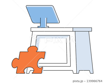 Desk with monitor and orange puzzle piece vector illustration. Problem solving, business strategy, workflow, task management, software, productivity. Office table with screen and jigsaw Desk with monitor and orange puzzle piece vector illustration. Problem solving, business strategy, workflow, task management, software, productivity. Office table with screen and jigsaw 139966764