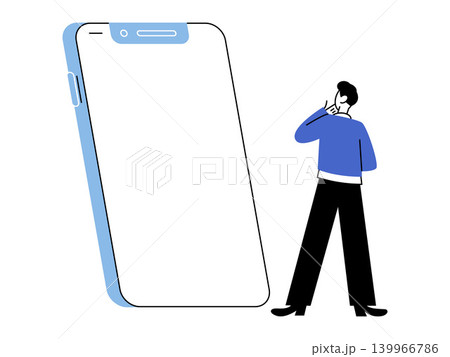 Man looking at a giant smartphone vector illustration. App development, digital marketing, user experience, social media, communication, tech choice. Person observing a large cellular device 139966786