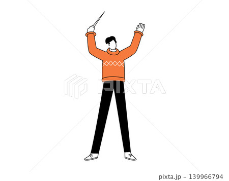 Man holding a conductor baton with arms raised vector illustration. Classical music, leadership, orchestra, direction, management, art. Music director gesturing with a stick Man holding a conductor baton with arms raised vector illustration. Classical music, leadership, orchestra, direction, management, art. Music director gesturing with a stick 139966794