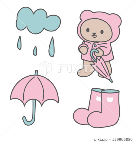 レインコートを着た可愛いクマの梅雨イラストセット 手描き風 レインコートを着た可愛いクマの梅雨イラストセット 手描き風 139966880