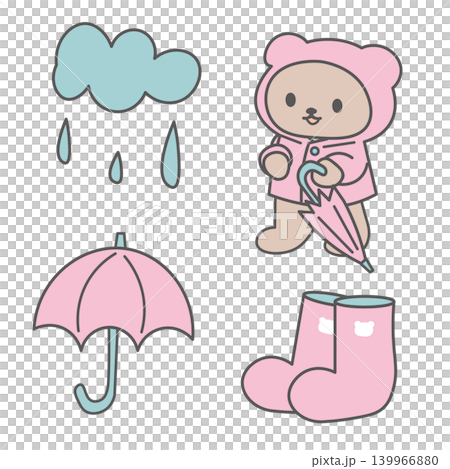 レインコートを着た可愛いクマの梅雨イラストセット 手描き風 レインコートを着た可愛いクマの梅雨イラストセット 手描き風 139966880