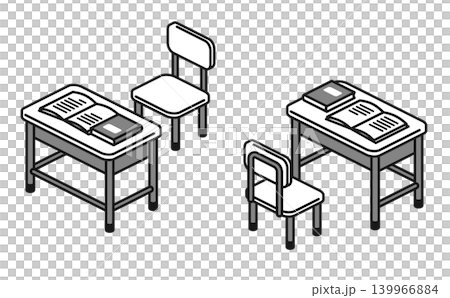 アイソメトリックイラスト：学校の机と椅子(アウトライン) 139966884