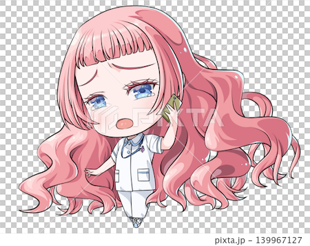 A pink-haired nurse making a phone call on her smartphone. A chibi-style character in the style of Japanese anime. A girl crying while making a phone call. A pink-haired nurse making a phone call on her smartphone. A chibi-style character in the style of Japanese anime. A girl crying while making a phone call. 139967127