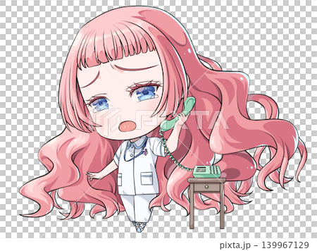 A pink-haired nurse is holding the receiver and talking. A chibi character in the style of Japanese anime. A girl is crying while talking on the phone. A pink-haired nurse is holding the receiver and talking. A chibi character in the style of Japanese anime. A girl is crying while talking on the phone. 139967129