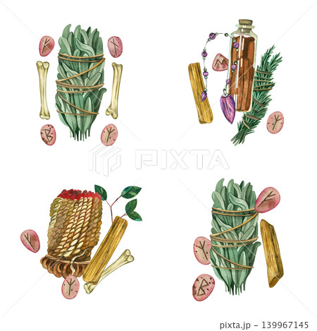 A set of watercolor illustrations for the design of witchcraft and fortune-telling. All objects are hand-painted in watercolor. A collection of runes, sage, rosemary, crystals, candle. 139967145
