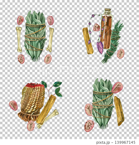 A set of watercolor illustrations for the design of witchcraft and fortune-telling. All objects are hand-painted in watercolor. A collection of runes, sage, rosemary, crystals, candle. 139967145