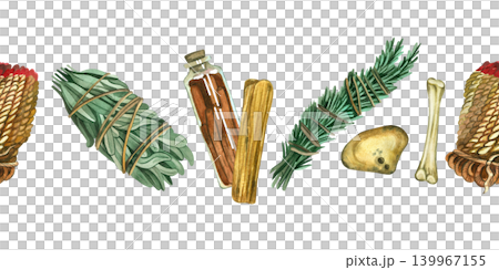 Seamless watercolor border from a magic set with herbs, sage, rosemary, bottle, stone and witch stone. Everything is hand-painted in watercolor. A collection of mystical accessories for occult design. Seamless watercolor border from a magic set with herbs, sage, rosemary, bottle, stone and witch stone. Everything is hand-painted in watercolor. A collection of mystical accessories for occult design. 139967155
