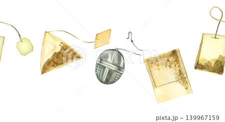 Seamless watercolor border with tea bags and a strainer for brewing herbal tea. All objects are hand-painted in watercolor. To design a beverage menu, a food blog, or a packaging background. Seamless watercolor border with tea bags and a strainer for brewing herbal tea. All objects are hand-painted in watercolor. To design a beverage menu, a food blog, or a packaging background. 139967159
