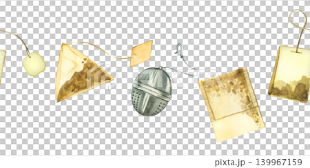 Seamless watercolor border with tea bags and a strainer for brewing herbal tea. All objects are hand-painted in watercolor. To design a beverage menu, a food blog, or a packaging background. Seamless watercolor border with tea bags and a strainer for brewing herbal tea. All objects are hand-painted in watercolor. To design a beverage menu, a food blog, or a packaging background. 139967159