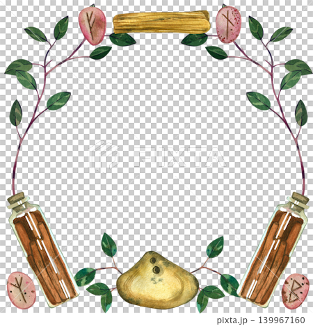A frame with herbs and mystical objects for divination. Everything is hand-painted, sage, rosemary, runes, magic elixirs, palo Santo, witch stone. Background for business cards, postcards, postcards. A frame with herbs and mystical objects for divination. Everything is hand-painted, sage, rosemary, runes, magic elixirs, palo Santo, witch stone. Background for business cards, postcards, postcards. 139967160