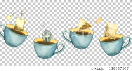 Watercolor painting of blue tea cups with various herbal tea bags and infuser. Hand drawn illustration of hot beverage for cozy morning drink or cafe menu design. Artistic culinary art. Watercolor painting of blue tea cups with various herbal tea bags and infuser. Hand drawn illustration of hot beverage for cozy morning drink or cafe menu design. Artistic culinary art. 139967167