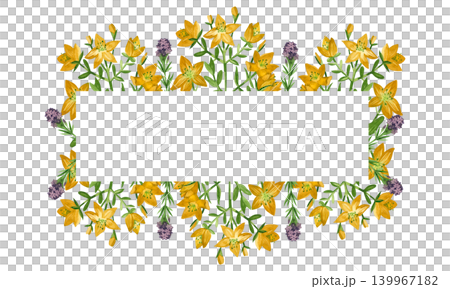 Watercolor frame with yellow Hypericum wort flowers and purple herbs. All objects are hand-painted in watercolor. Illustration for herbal tea packaging design or greeting card design. Watercolor frame with yellow Hypericum wort flowers and purple herbs. All objects are hand-painted in watercolor. Illustration for herbal tea packaging design or greeting card design. 139967182