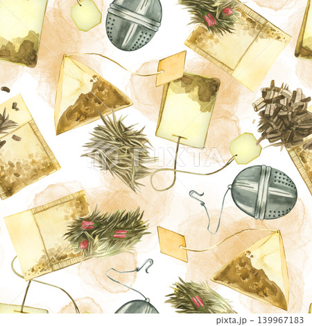 Watercolor seamless pattern of tea bags and herbal tea leaves. Ingredients for brewing healthy drinks, hand-painted in watercolor. Illustration for printing on tea packaging, label design, bags. Watercolor seamless pattern of tea bags and herbal tea leaves. Ingredients for brewing healthy drinks, hand-painted in watercolor. Illustration for printing on tea packaging, label design, bags. 139967183