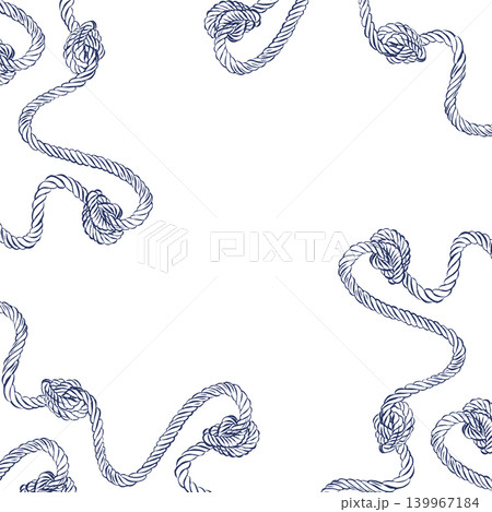 A vector frame with a marine theme made of intertwined ropes with sea knots. All objects are hand-drawn in ink. Design of a frame for a marine invitation and decor on the seashore. Vector illustration 139967184