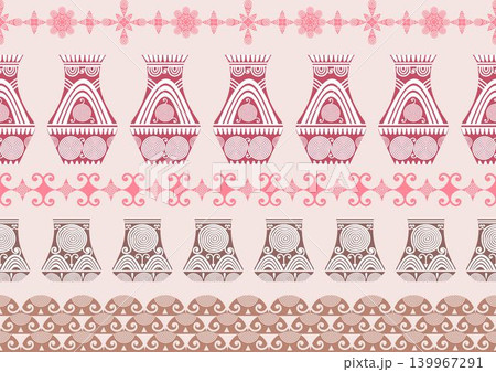 Modern Thai Ban Chiang pottery pattern with wavy lines on pink background, vector illustration. Modern Thai Ban Chiang pottery pattern with wavy lines on pink background, vector illustration. 139967291
