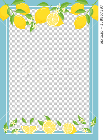 Cut lemon with flowers and branches, framed vertically, light blue border. Cut lemon with flowers and branches, framed vertically, light blue border. 139967397