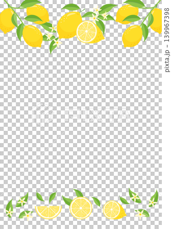 Cut lemon with flowers and branches, framed vertically. 139967398
