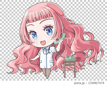 A pink-haired nurse is talking on the phone. A chibi character in the style of Japanese anime. A cheerful-looking girl. 139967474
