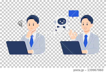 A set of vector illustrations of a business professional man solving problems with AI and chatbots. A set of vector illustrations of a business professional man solving problems with AI and chatbots. 139967860