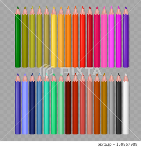Realistic Colored Pencils Set. Vector Sharpened Wooden Crayon Collection in Rainbow Palette. Realistic Colored Pencils Set. Vector Sharpened Wooden Crayon Collection in Rainbow Palette. 139967989