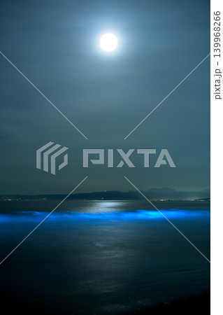 月明かりに照らされ青く光る夜光虫の波 湘南片瀬西浜の幻想的な夜景 月明かりに照らされ青く光る夜光虫の波 湘南片瀬西浜の幻想的な夜景 139968266