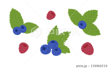 Set of blueberries and raspberries with green leaves 139968519