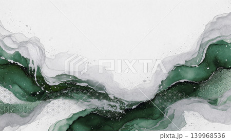 白い和紙と深緑色と銀色の流体アートが下部を彩る和風背景素材 139968536