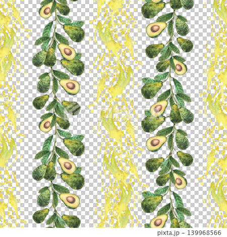 Hanging avocado branches with whole fruits, sliced halves, seeds and leaves in vertical striped seamless pattern. Hand painted with watercolor splashes, stains textured background for textile design. Hanging avocado branches with whole fruits, sliced halves, seeds and leaves in vertical striped seamless pattern. Hand painted with watercolor splashes, stains textured background for textile design. 139968566