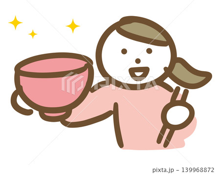 ご飯を食べ終えた空の茶碗を持つ私服の若い女性 ご飯を食べ終えた空の茶碗を持つ私服の若い女性 139968872