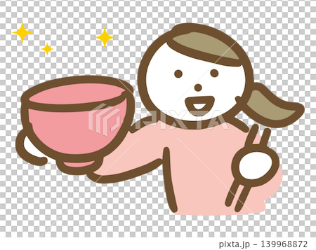 ご飯を食べ終えた空の茶碗を持つ私服の若い女性 ご飯を食べ終えた空の茶碗を持つ私服の若い女性 139968872
