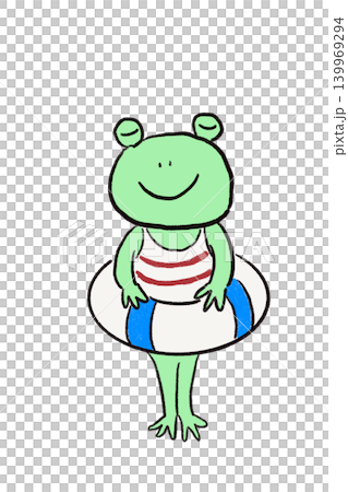 A cute summer greeting card featuring a frog holding a lifebuoy. A cute summer greeting card featuring a frog holding a lifebuoy. 139969294