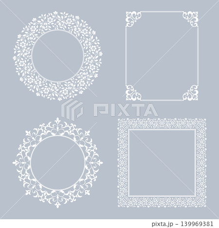Set of decorative frames Elegant vector element for design in Eastern style, place for text. Floral gray and white frames. Lace illustration for invitations and greeting cards Set of decorative frames Elegant vector element for design in Eastern style, place for text. Floral gray and white frames. Lace illustration for invitations and greeting cards 139969381