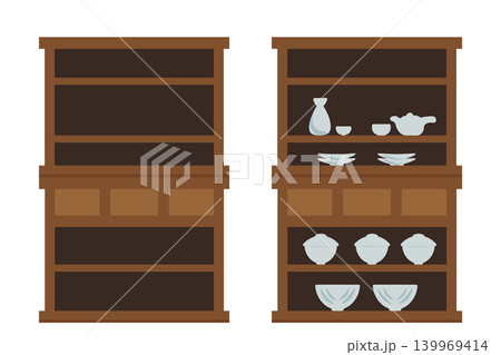 水屋箪笥のオープンラック風イラストセット（引き戸なし＆和食器ディスプレイ） 139969414