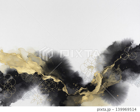白い和紙と漆黒と真鍮色の流体アートが重厚な和風背景素材 139969514