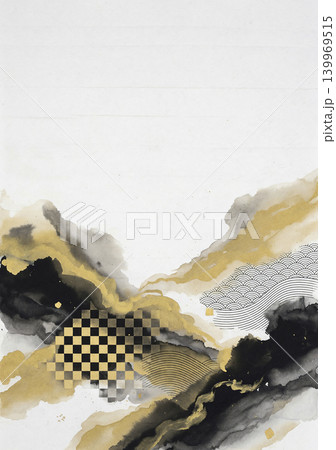 白い和紙と漆黒と真鍮色の流体アートが重厚な和風背景素材 白い和紙と漆黒と真鍮色の流体アートが重厚な和風背景素材 139969515
