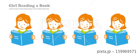 本を読む女の子の感情表現イラストセット 喜ぶ 泣く 考える 表情バリエーション 本を読む女の子の感情表現イラストセット 喜ぶ 泣く 考える 表情バリエーション 139969571